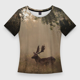 Женская футболка 3D Slim с принтом Олень в лесу в лучах солнца в Петрозаводске,  |  | деревья | лес | лучи | олень | природа | солнца