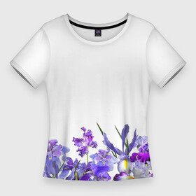 Женская футболка 3D Slim с принтом Любимые Ирисы в Петрозаводске,  |  | Тематика изображения на принте: ириски | ирисы | любимые ирисы | фиолетовые цветы | цветы