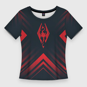 Женская футболка 3D Slim с принтом Красный Символ Skyrim на темном фоне со стрелками в Петрозаводске,  |  | elder | logo | scrolls | skyrim | the | игра | игры | лого | логотип | огонь | пламя | ромб | символ | скайрим