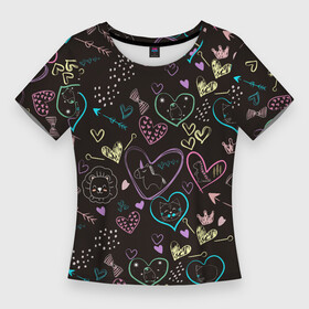 Женская футболка 3D Slim с принтом Паттерн милые животные и сердечки в Петрозаводске,  |  | дракон | единорог | корона | кот | котик | кошка | лев | львенок | паттерн | пингвин | сердце