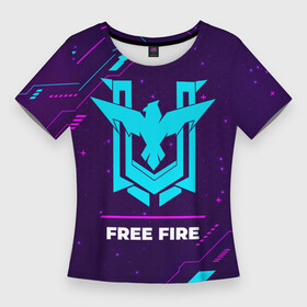 Женская футболка 3D Slim с принтом Символ Free Fire в неоновых цветах на темном фоне в Петрозаводске,  |  | fire | free | free fire | garena | logo | neon | гарена | игра | игры | краска | лого | логотип | неон | символ | фаер | фри