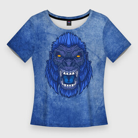 Женская футболка 3D Slim с принтом Галактическая горилла в Петрозаводске,  |  | бигфут | гневный | голова | гордый | горилла | гримаса | дикий | животное | зверь | злой | йети | монстр | мощный | мощь | обезьяна | опасный | примат | разгневанный | сердитый | сила | синий