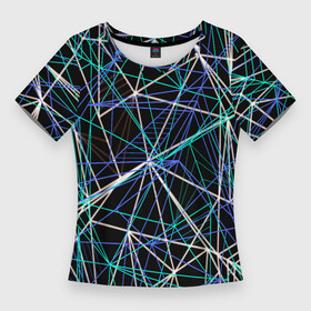 Женская футболка 3D Slim с принтом ПЕРЕСЕКАЮЩИЕ ЦВЕТНЫЕ ЛИНИИ в Петрозаводске,  |  | минимализм | оптические иллюзии | полосы | светящиеся | текстура | фон
