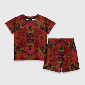 Детский костюм с шортами 3D с принтом Геометрический этнический арабский узор в красно черный тонах в Петрозаводске,  |  | african | tribal pattern | геометрический узор | красный | орнамент | фольклор