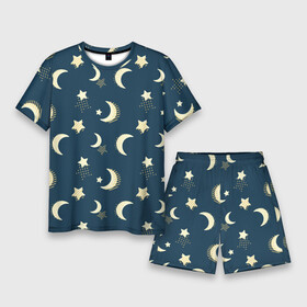 Мужской костюм с шортами 3D с принтом Месяц и звезды, паттерн в Петрозаводске,  |  | Тематика изображения на принте: звезды | луна | месяц | милый | небо | ночное | ночь | паттерн | пижамный | принт для пижамы | узор