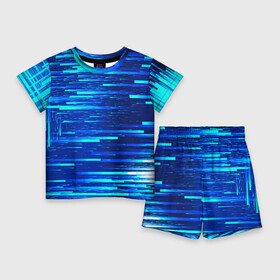 Детский костюм с шортами 3D с принтом BLUE STRIPES в Петрозаводске,  |  | абстракция | в полоску | оптические иллюзии | синий | узор | фон