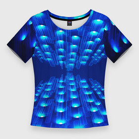 Женская футболка 3D Slim с принтом GLOWING SPOTLIGHTS в Петрозаводске,  |  | абстракция | блеск | блестящий | луч | освещение | освещенный | прожектор | пространство | свет | светящийся | свечение | синий | темнота | фон | черный | эффект | яркий