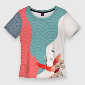 Женская футболка 3D Slim с принтом Японские облака в Петрозаводске,  |  | japan | волны | журавль | паттерн | узор | япония