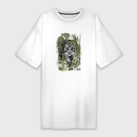 Платье-футболка хлопок с принтом Крадущийся белый тигр в Петрозаводске,  |  | 2022 | амурский тигр | белый | белый тигр | в кустах | джунгли | животное | китайский гороскоп | на зеленом | символ года | тигр | тропики