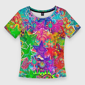 Женская футболка 3D Slim с принтом COLOR STARFALL в Петрозаводске,  |  | абстракция | желтый | звездопад | звезды | космос | красиво | минимализм | узор | фиолетовый | фон | цвета