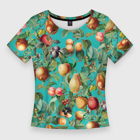 Женская футболка 3D Slim с принтом Ассорти Фруктов в Петрозаводске,  |  | Тематика изображения на принте: fruits | summer | вишня | груши | киви | лето | сливы | фрукты | яблоки