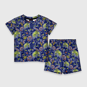 Детский костюм с шортами 3D с принтом Оранжево зеленый цветочный узор на синем фоне в Петрозаводске,  |  | blue | flowers | зеленый | оранжевый | синий | цветочный узор