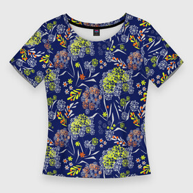 Женская футболка 3D Slim с принтом Оранжево зеленый цветочный узор на синем фоне в Петрозаводске,  |  | blue | flowers | зеленый | оранжевый | синий | цветочный узор