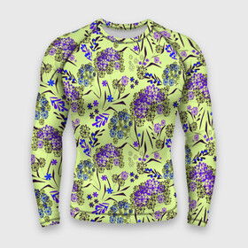Мужской рашгард 3D с принтом Фиолетовые цветы на зеленом фоне в Петрозаводске,  |  | floral pattern | green | зеленый | фиолетовый | цветочный узор