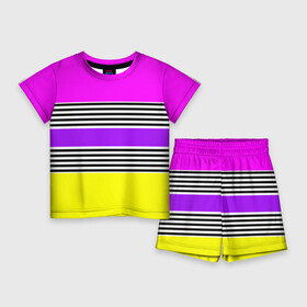 Детский костюм с шортами 3D с принтом Яркие неоновые полосы в сочетании с черно белыми полосками. в Петрозаводске,  |  | neon stripes | stripes | желтый неоновый | неоноые полосы | полосаты узор | розовый неоновый