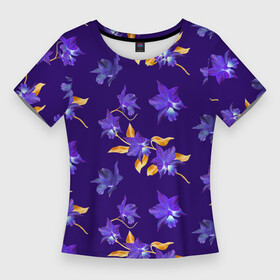 Женская футболка 3D Slim с принтом Цветы Фиолетовые Ирисы На Синем Фоне в Петрозаводске,  |  | flowers | букет | ирисы | природа | растение | синий | фиолетовый | флора | цветы