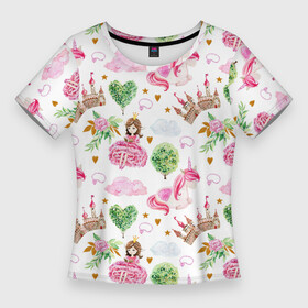 Женская футболка 3D Slim с принтом Принцесса, замки и единороги в Петрозаводске,  |  | барби | девушка | единороги | замки | замок | кукла