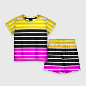 Детский костюм с шортами 3D с принтом Желтые розовые и черные полосы на белом в Петрозаводске,  |  | Тематика изображения на принте: black stripes | pink stripes | stripes | yellow | желтый | полосатый узор | розовый | черные полосы