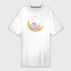 Платье-футболка хлопок с принтом Милый Слонёнок Спит На Месяце Среди Звёзд в Петрозаводске,  |  | animals | beast | cute | животные | звёзды | звери | месяц | милый | слон | слонёнок