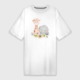 Платье-футболка хлопок с принтом Милый Жирафик и Слонёнок Сидят Среди Цветов в Петрозаводске,  |  | animals | beast | cute | giraffe | животные | жираф | жирафик | звери | милый | слон | слонёнок | цветы