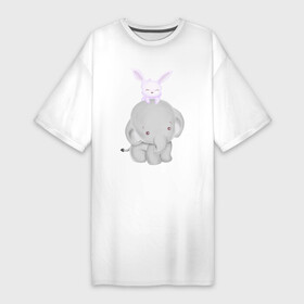 Платье-футболка хлопок с принтом Милый Слонёнок и Крольчонок в Петрозаводске,  |  | animals | beast | cute | hare | rabbit | животные | заяц | звери | кролик | крольчонок | милый | слон | слонёнок