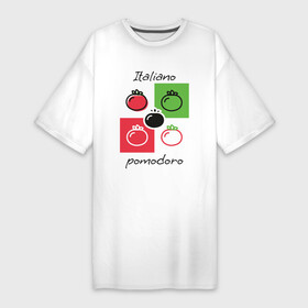 Платье-футболка хлопок с принтом Italiano Pomodoro, любовь к Италии, пицце и томатам в Петрозаводске,  |  | italiano | italy | line | pomodoro | simple | tomato | белый | геометрический | зеленый | италия | квадраты | красный | линеарный | плоский стиль | помидор | простой | томат