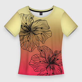 Женская футболка 3D Slim с принтом Черные абстрактные цветы на красно желтом градиенте в Петрозаводске,  |  | abstraction | flowers | gradient | абстрактные цветы | градиент | желтый | красный | цветы