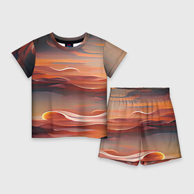 Детский костюм с шортами 3D с принтом Буря в пустыне в Петрозаводске,  |  | abstraction | bright | dark | desert | horizon | light | nature | sun | sunset | абстракция | горизонт | закат | пейзаж | природа | пустыня | свет | солнце | темная