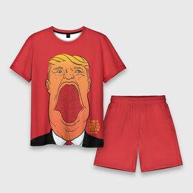 Мужской костюм с шортами 3D с принтом Дональд Трамп на красном фоне в Петрозаводске,  |  | america | donald trump | америка | дональд | дональд трамп | сша | трамп