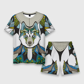 Мужской костюм с шортами 3D с принтом Волк и этномир в Петрозаводске,  |  | волк | голова волка | животное | узор | этника | этномир