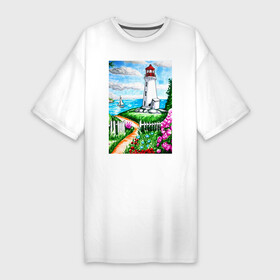Платье-футболка хлопок с принтом Маяк на берегу в Петрозаводске,  |  | fence | flowers | greenery | hand drawn | isle | landscape | lighthouse | ocean | path | sail | sea | seascape | waves | волны | дорога | дорожка | забор | зелень | корабль | лето | маркеры | маяк | море | нарисовано вручную | небо | облака | океа