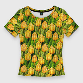 Женская футболка 3D Slim с принтом Желтые тюльпаны паттерн в Петрозаводске,  |  | abstract | бутоны | линии | паттерн | текстура | узор | узоры | цветы