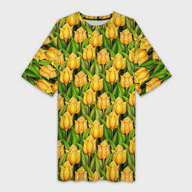 Платье-футболка 3D с принтом Желтые тюльпаны паттерн в Петрозаводске,  |  | abstract | бутоны | линии | паттерн | текстура | узор | узоры | цветы