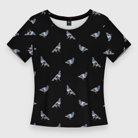 Женская футболка 3D Slim с принтом Голуби на черном паттерн в Петрозаводске,  |  | голуби | домашние голуби | паттерн | птицы | рисунок | темный | черный
