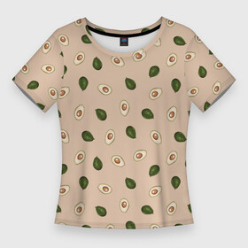 Женская футболка 3D Slim с принтом Авокадо на бежевом паттерн в Петрозаводске,  |  | авокадо | бежевый | веганы | вегетарианцы | еда | зож | овощи | паттерн | пп | правильное питание