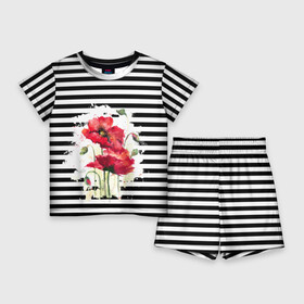 Детский костюм с шортами 3D с принтом Red poppies Акварельные цветы в Петрозаводске,  |  | poppies | red poppies | watercolor | акварель | красные маки | маки | полосатый | черно белые полосы