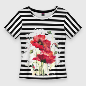 Женская футболка 3D Slim с принтом Red poppies Акварельные цветы в Петрозаводске,  |  | Тематика изображения на принте: poppies | red poppies | watercolor | акварель | красные маки | маки | полосатый | черно белые полосы
