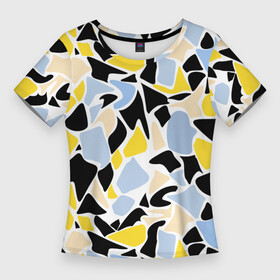 Женская футболка 3D Slim с принтом Абстрактный узор в желто голубых тонах на черном фоне в Петрозаводске,  |  | abstract | blue and yellow | абстрактные фигуры | абстрактный узор | желтый