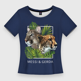 Женская футболка 3D Slim с принтом Messi  Gerda в Петрозаводске,  |  | гепард | герда | квадрат | кошки | листья | месси | надпись | папоротник | пума