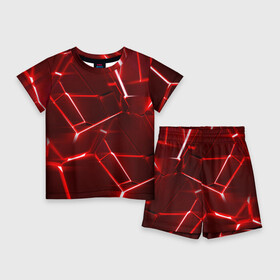 Детский костюм с шортами 3D с принтом Red fault в Петрозаводске,  |  | 3d плиты | абстракция | красная | красный | неон | плитка | разлом | текстура