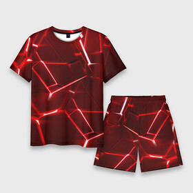 Мужской костюм с шортами 3D с принтом Red fault в Петрозаводске,  |  | 3d плиты | абстракция | красная | красный | неон | плитка | разлом | текстура