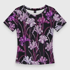 Женская футболка 3D Slim с принтом Цветы Фиолетовые Ирисы в Петрозаводске,  |  | flowers | summer | букет | ирисы | лето | природа | растение | фиолетовый | флора | цветы