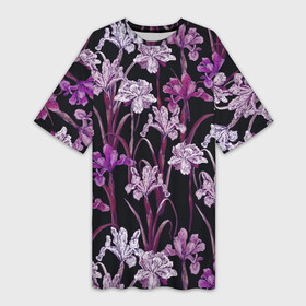 Платье-футболка 3D с принтом Цветы Фиолетовые Ирисы в Петрозаводске,  |  | flowers | summer | букет | ирисы | лето | природа | растение | фиолетовый | флора | цветы