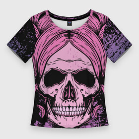 Женская футболка 3D Slim с принтом Женский череп с розовыми волосами в Петрозаводске,  |  | демон | дьяволица | женская прическа | женский череп | кости человека | нечисть | розовые волосы | сущность | череп | череп с прической | череп человека