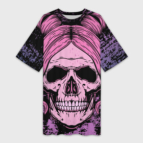 Платье-футболка 3D с принтом Женский череп с розовыми волосами в Петрозаводске,  |  | демон | дьяволица | женская прическа | женский череп | кости человека | нечисть | розовые волосы | сущность | череп | череп с прической | череп человека
