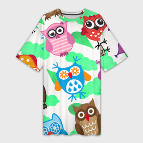 Платье-футболка 3D с принтом Весёлые цветные совята в Петрозаводске,  |  | глаза | зеленый | листок | птица | синий | сова