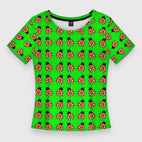 Женская футболка 3D Slim с принтом LADYBUG ON A GREEN BACKGROUND в Петрозаводске,  |  | акварель | жук | зеленый | красный | насекомое | точки | узор | черный