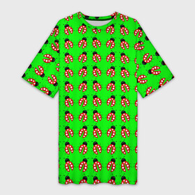 Платье-футболка 3D с принтом LADYBUG ON A GREEN BACKGROUND в Петрозаводске,  |  | акварель | жук | зеленый | красный | насекомое | точки | узор | черный