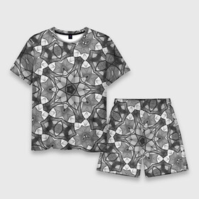 Мужской костюм с шортами 3D с принтом Черно белый геометрический мозаичный узор в Петрозаводске,  |  | geometric   pattern | mosaic | геометрический узор | мозаика | серый | черно белый