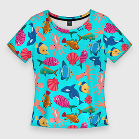 Женская футболка 3D Slim с принтом THE UNDERWATER WORLD OF THE OCEAN в Петрозаводске,  |  | вода | дельфин | животные | лето | море | морской | океан | осьминог | под водой | подводный | природа | раковина | рыба | синий | узор